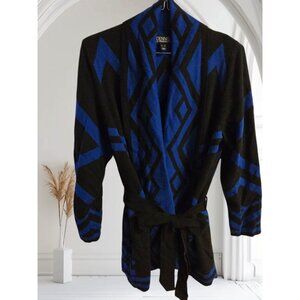 Dennis By Dennis Basso XL Blue & Black Geometric Knit Cardigan Sweater With Belt
